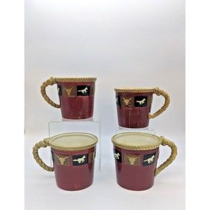 Sonoma Home Happy Trails Red 16 oz Ceramic Coffee Tea Mugs Western Horse Set 4